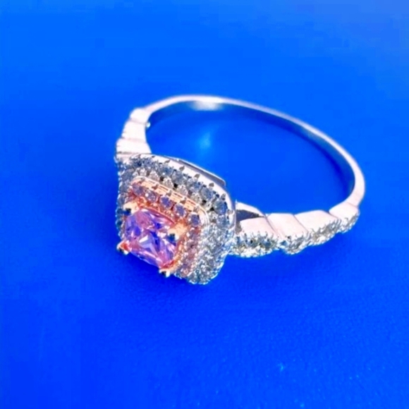 925 Silver Pave Set Square Cut Lab Created Pink Stone Cocktail Ring Size 7 - Picture 4 of 6